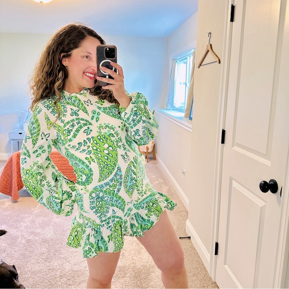 Staud White Green Cotton Botanical Long Sleeve Mini Dress 4